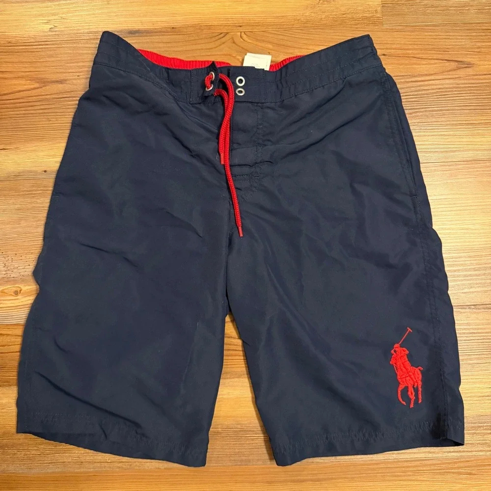 Polo Ralph Lauren Kids Navy Blue Red‎ Big Pony Swim Trunks Shorts Size L 14-16